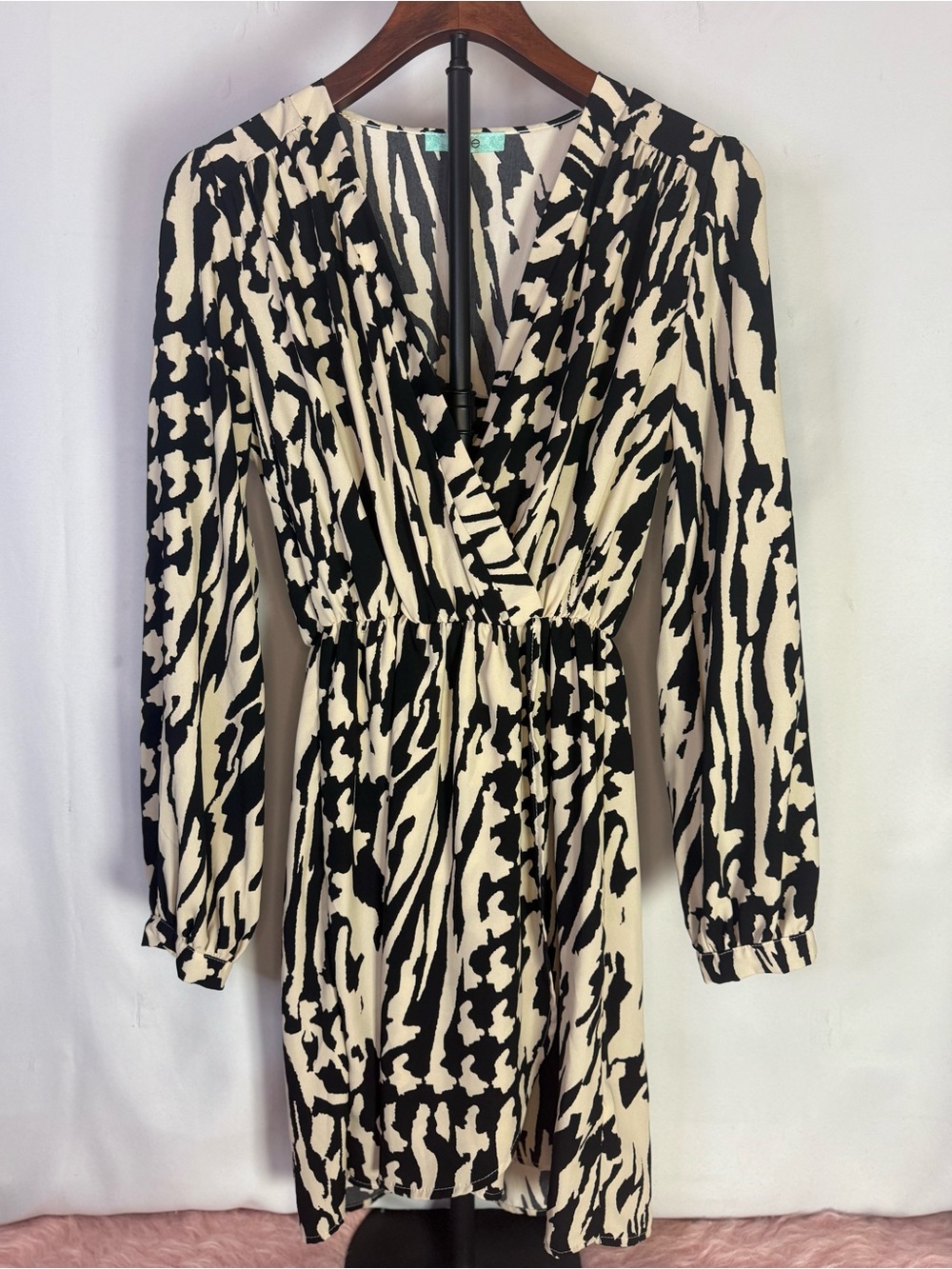 Karlie - Black and Cream Printed Wrap Dress - Size M